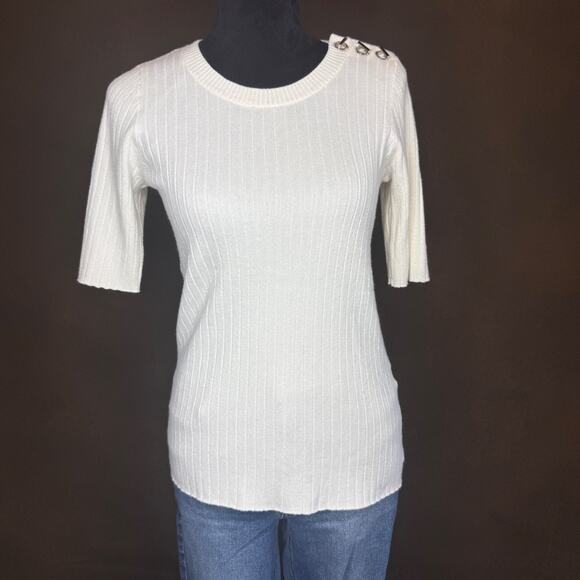 Cyrus Knits Ribbed White Half Sleeve Sweater Top Small Silver Toggle Detail - Picture 3 of 8
